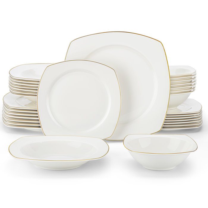 Ivy Bronx 32Piece White Bone China Dinnerware Set With Golden Trim